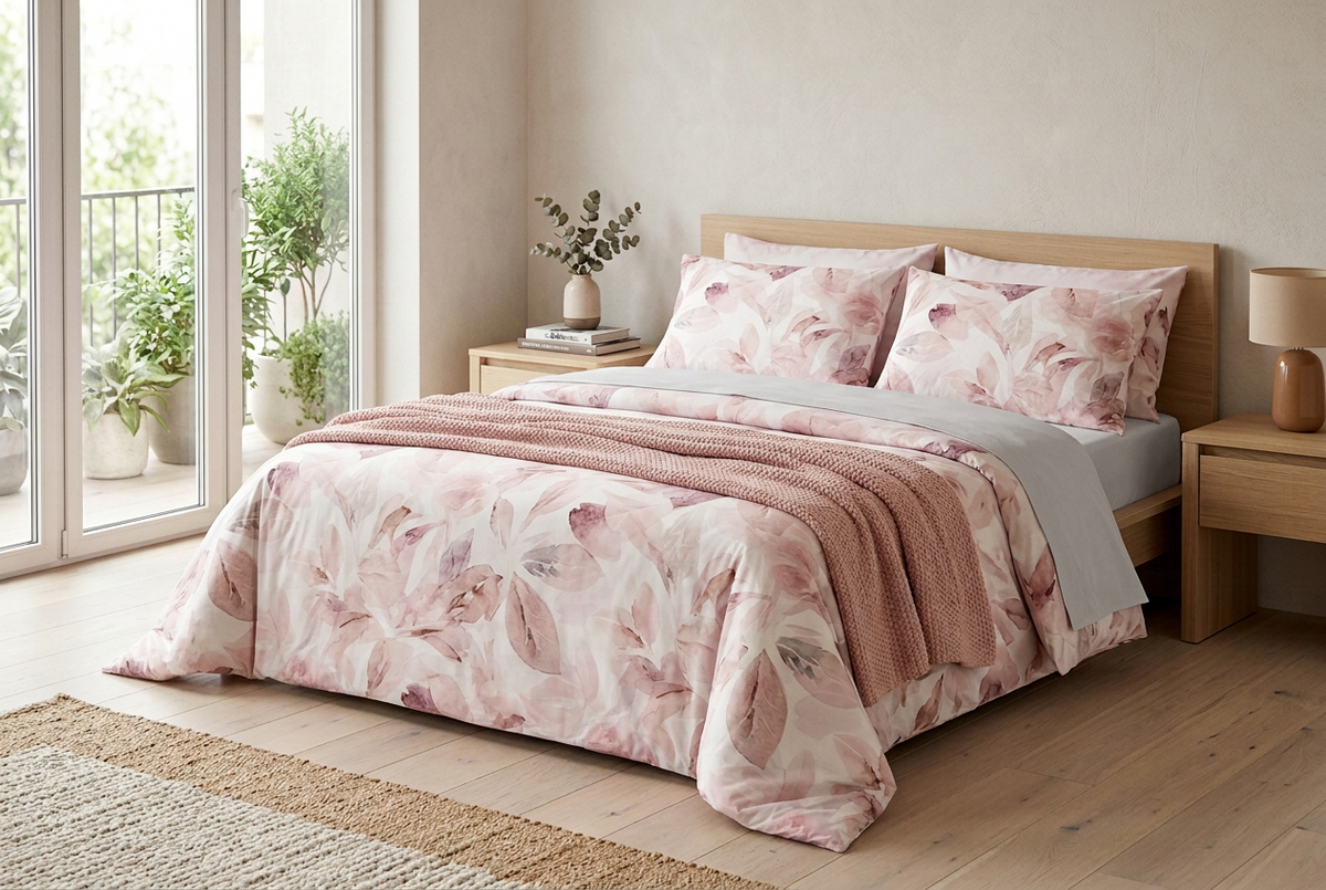 Completo letto Michelle Microfibra-foglie rosa antico