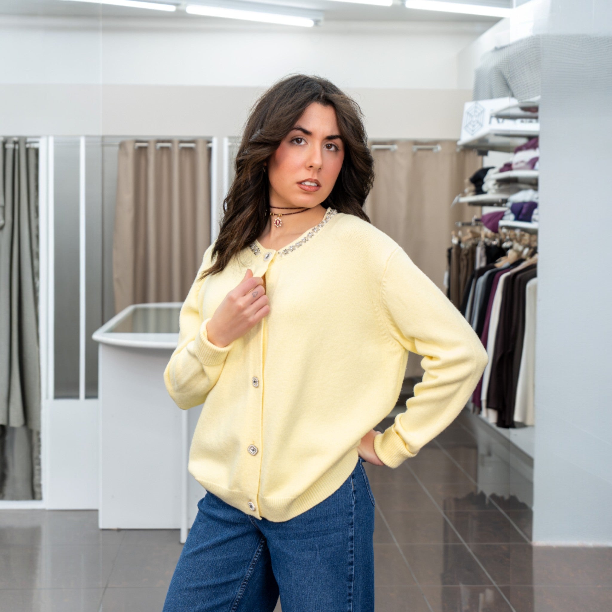 Maglia cardigan donna - Giallo - Diamanti