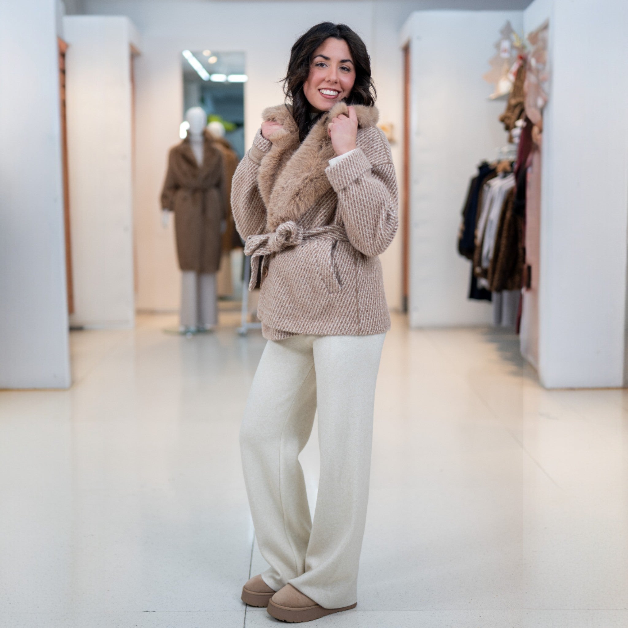 Cappotto corto micro fantasia Beige