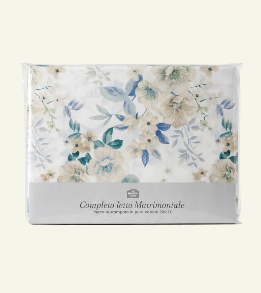 Completo letto percalle - fiori beige/verdi