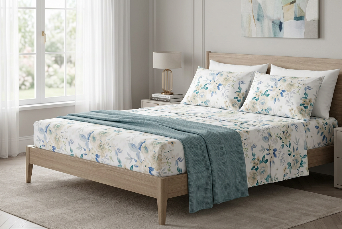 Completo letto percalle - fiori beige/verdi