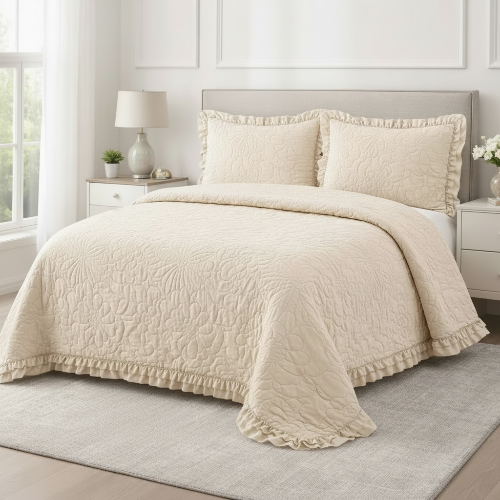 Set copriletto con 2 copriguanciali- Denise fiori beige