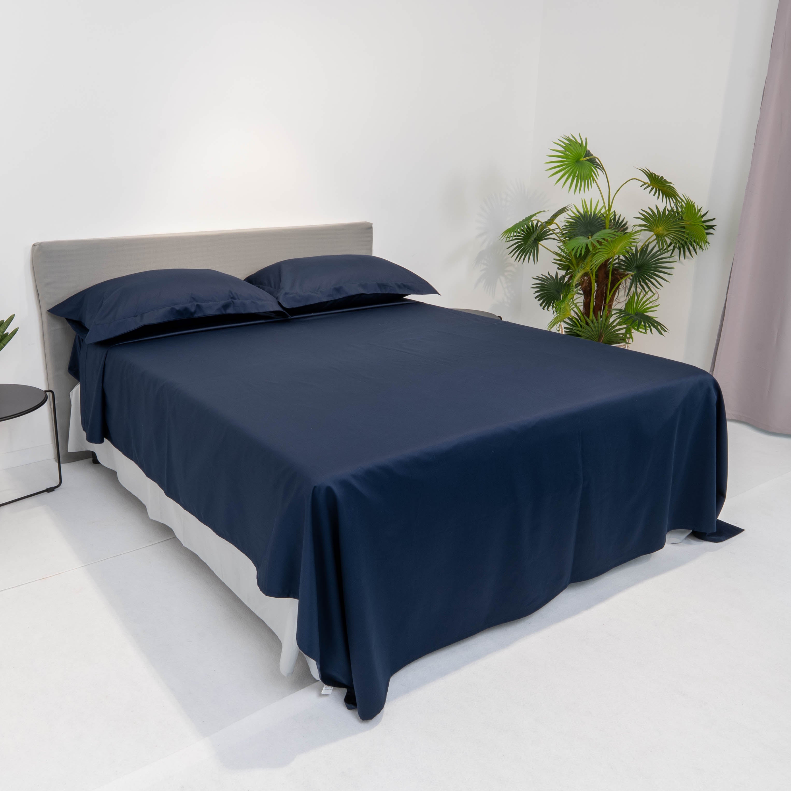 Completo lenzuola raso di cotone - Blu